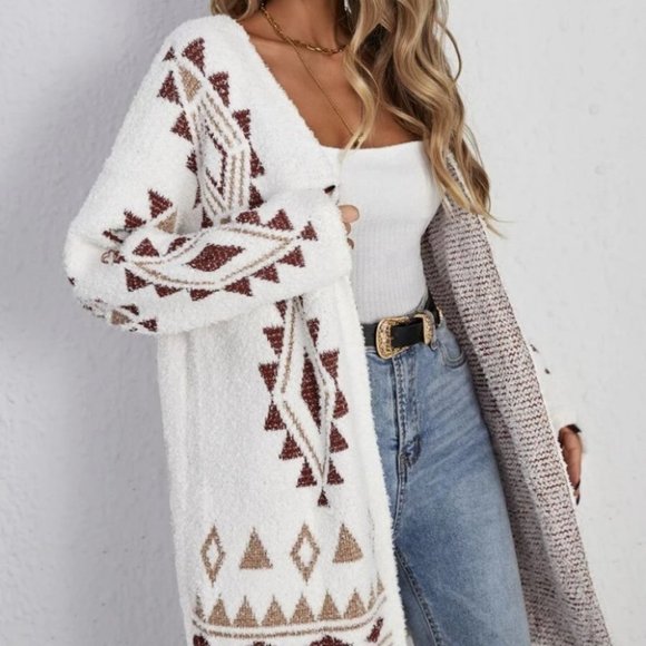 Boho Geo Print Open front Fuzzy  Soft comfy Knit Sweater Cardigan - Picture 3 of 5